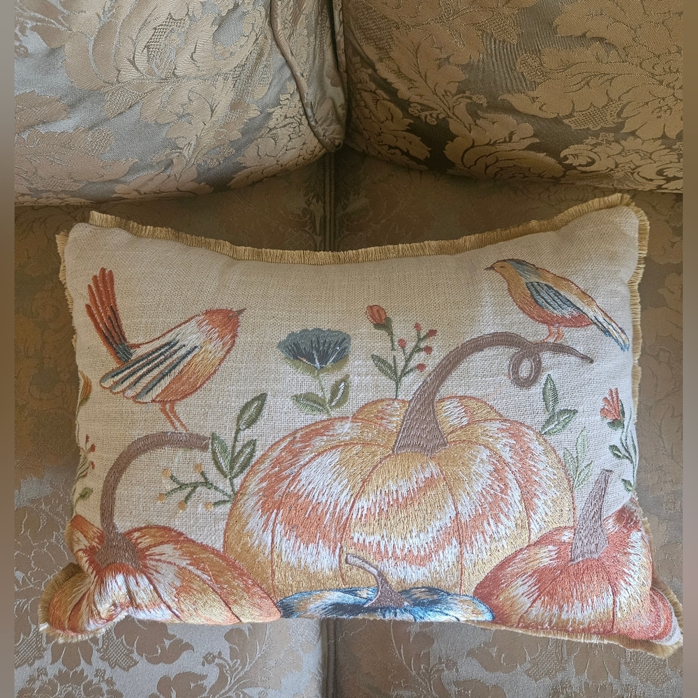 NWOT Harvest Moon Pumpkin and Bird Silky Accent Pillow Orange/Gold